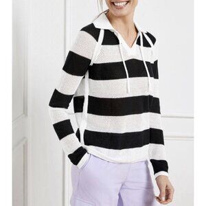 Talbots Loose Knit Polo Sweater XL Black White Stripes Beachy Nautical Coastal